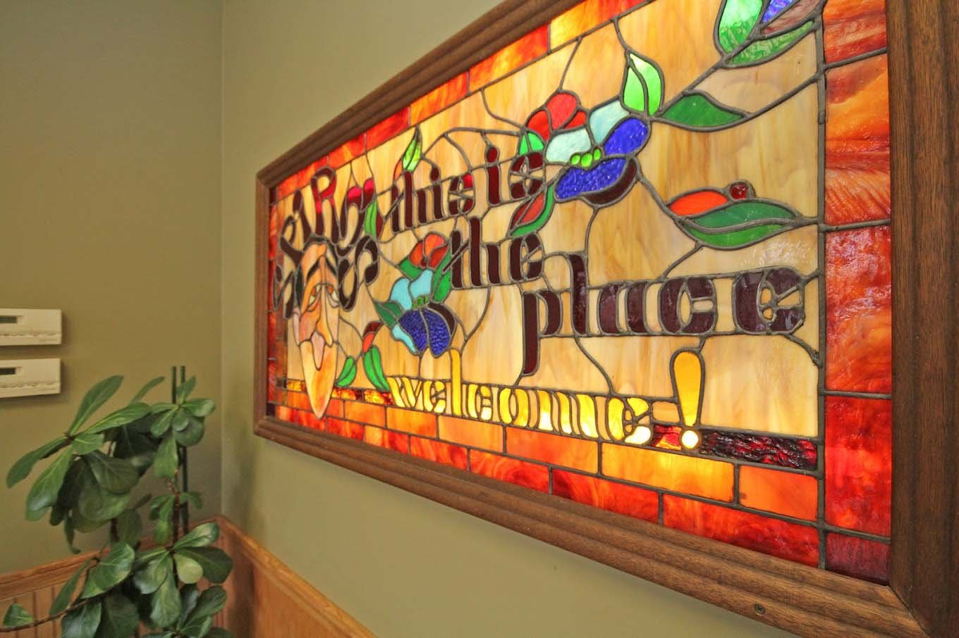 Stained glass inside the deli